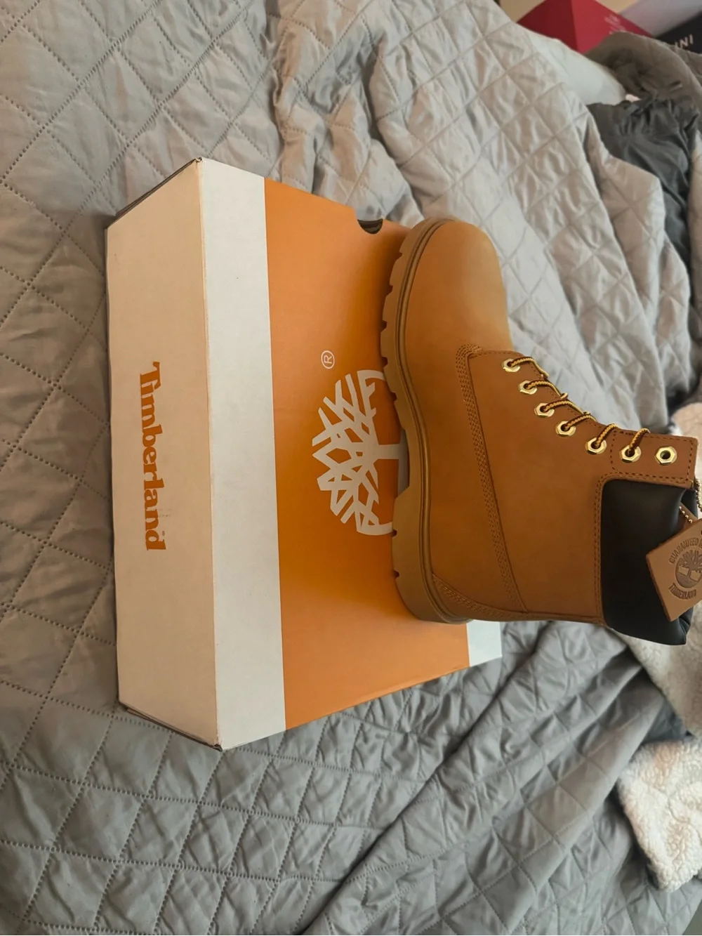 Timberland Brown and White Shoe Box with Logo and Size Label